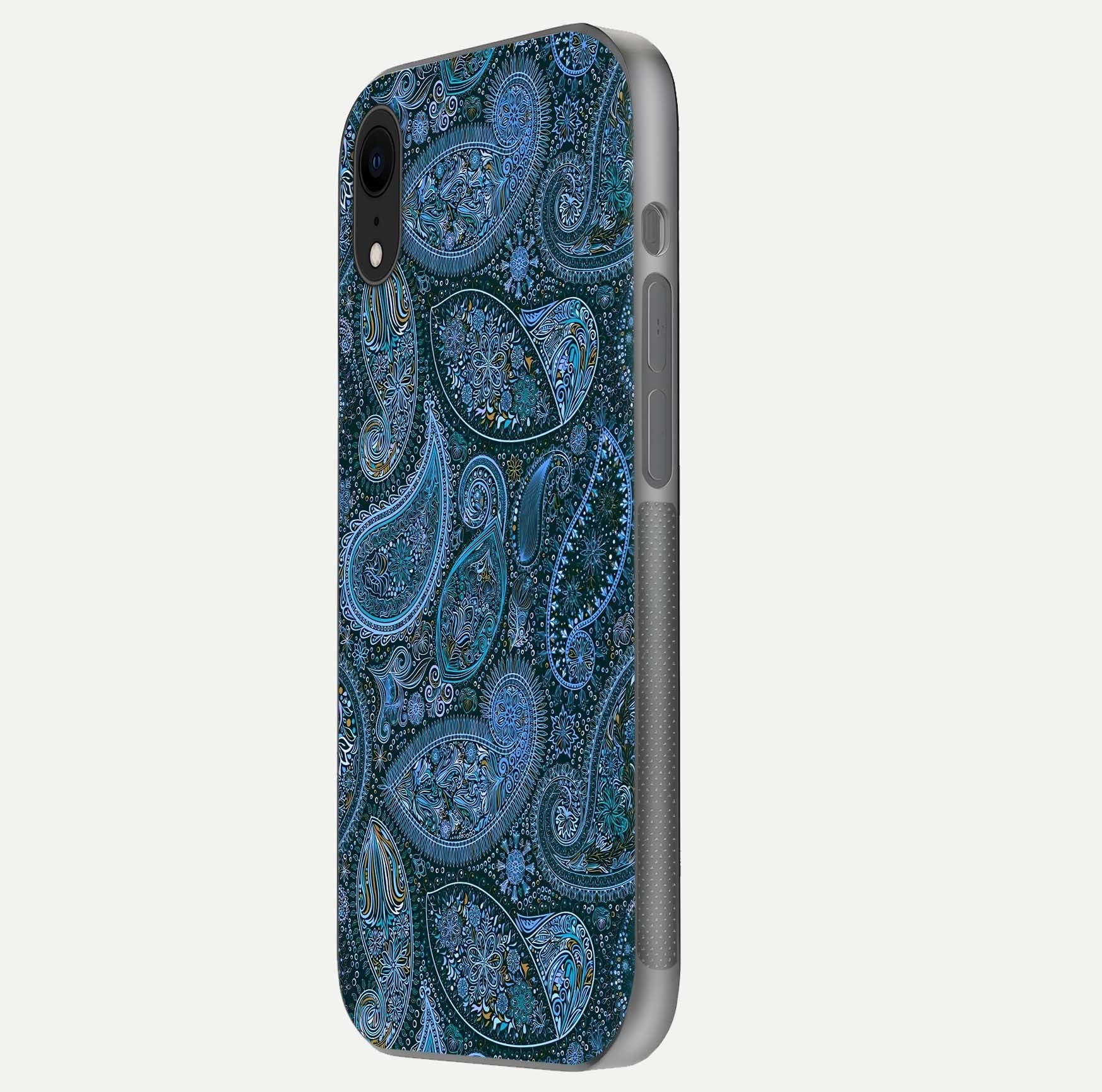 Midnight Paisley Glow Glass Case for iPhone Xr side-angle image revealing reflective gloss and paisley art