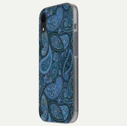 Midnight Paisley Glow Glass Case for iPhone Xr side-angle image revealing reflective gloss and paisley art