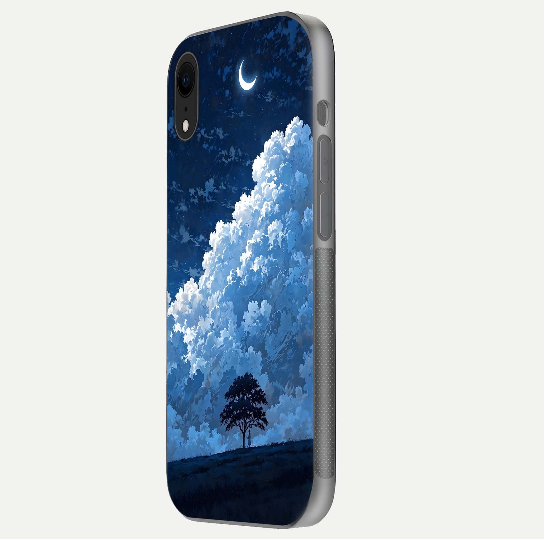 Midnight Sky Serenity Glass Case for iPhone Xr side-angle image showing soft glow and smooth reflection