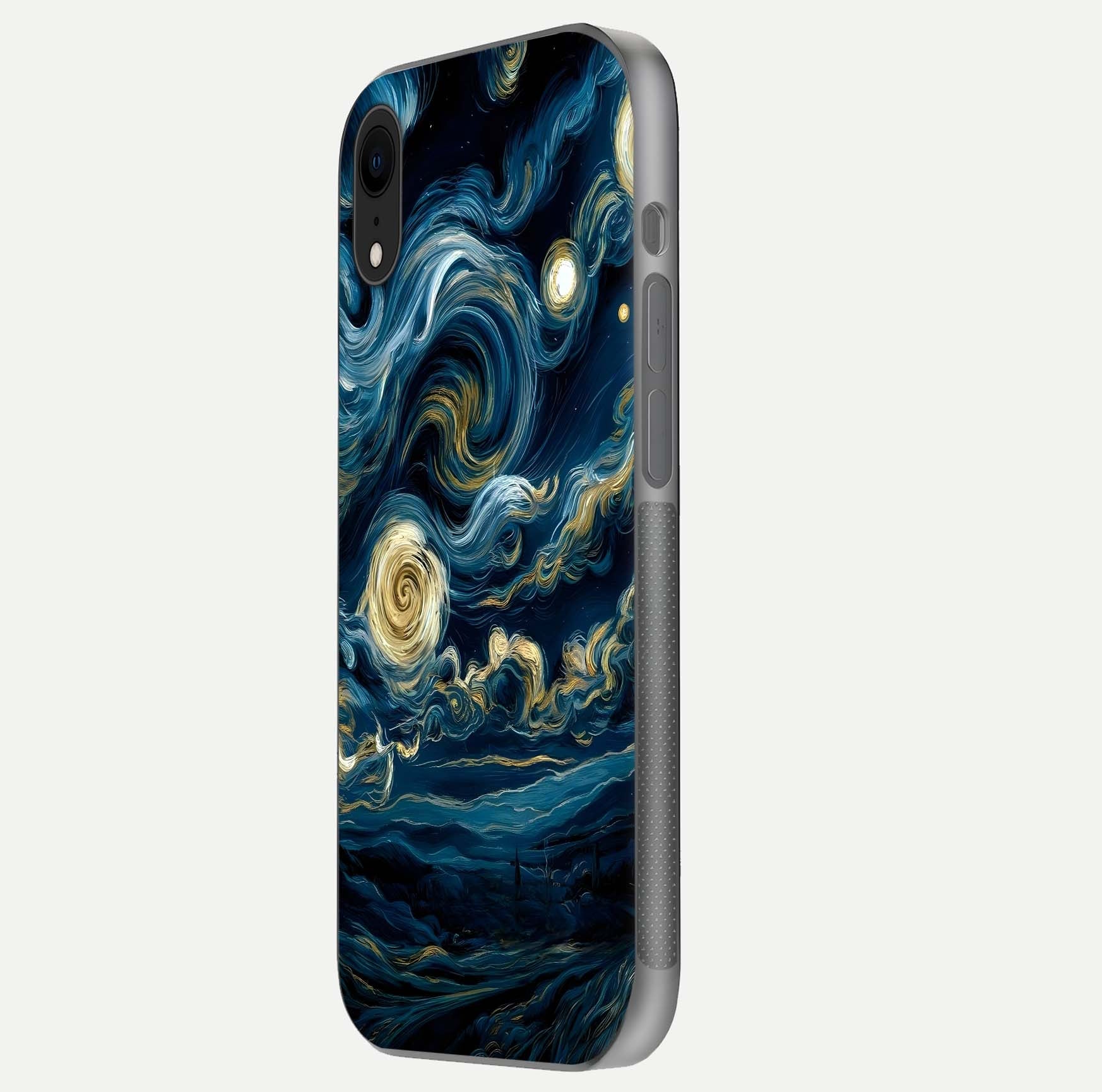 Midnight Sky Whirl Glass Case for iPhone Xr side-angle image showing reflection depth and galaxy pattern