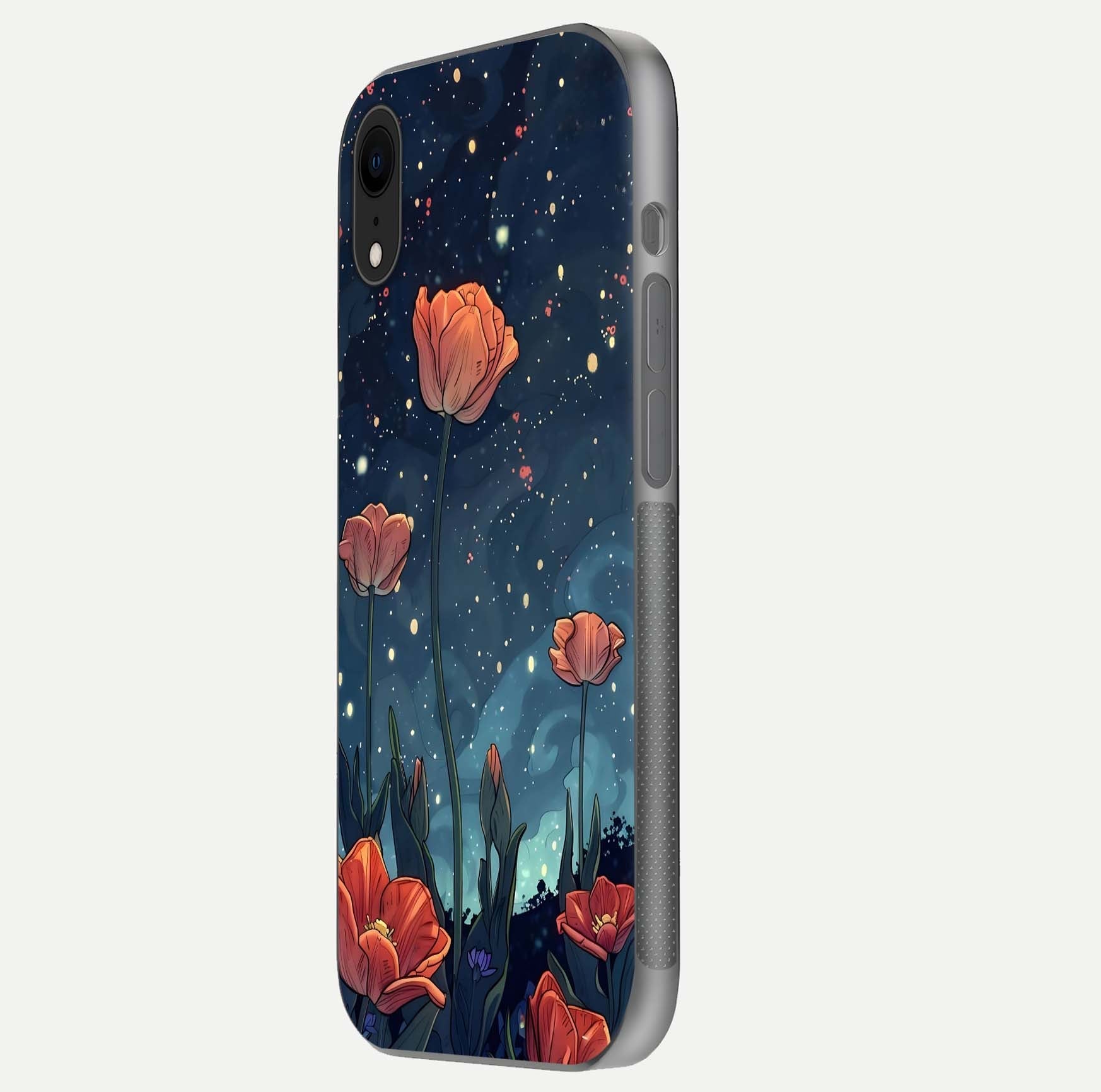 Midnight Tulip Glow Glass Case for iPhone Xr side-angle image showing shine depth and flower artwork