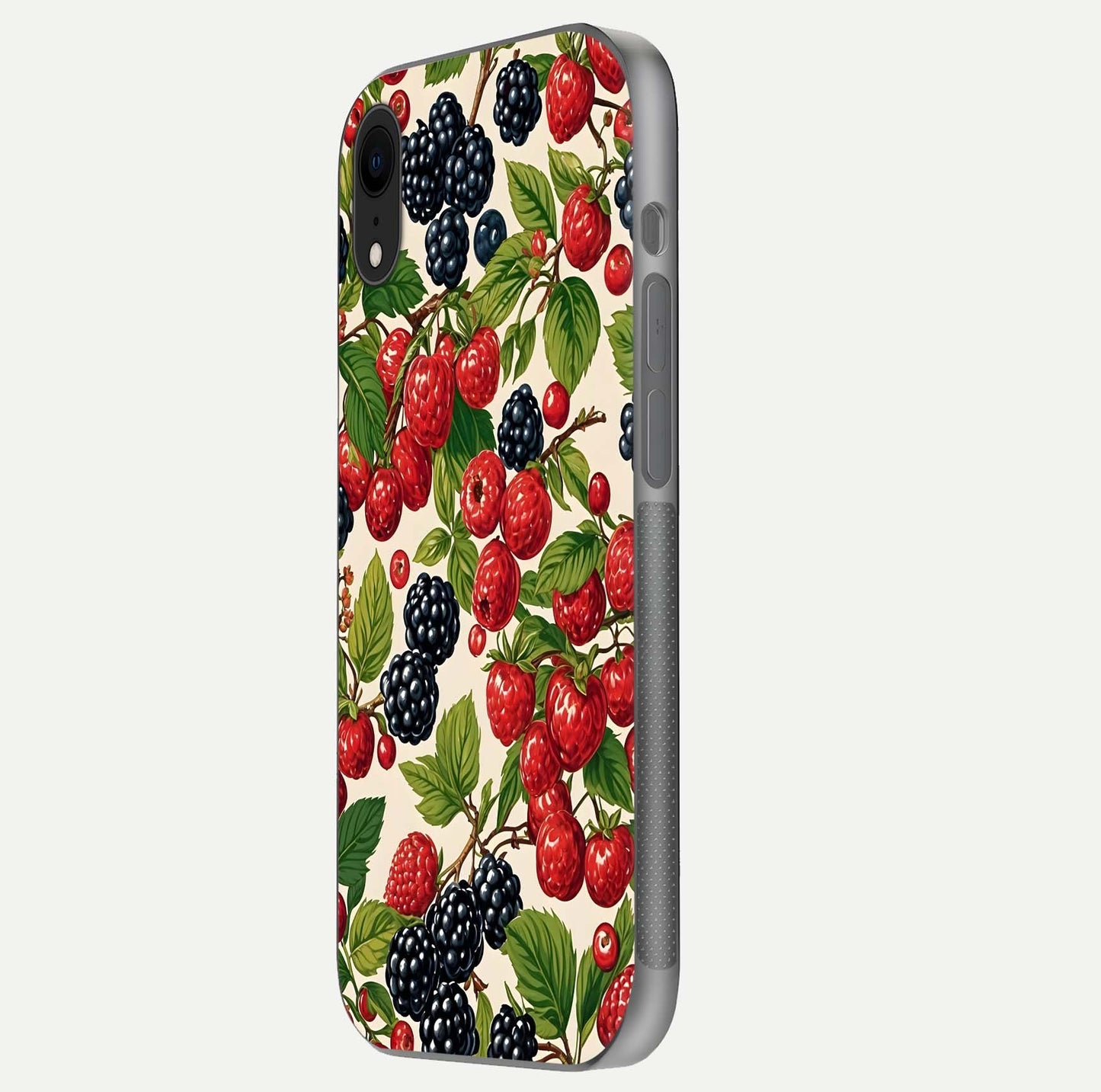 Mixed Berry Collage Glass Case for iPhone Xr side-angle image showing reflection and HD fruit texture