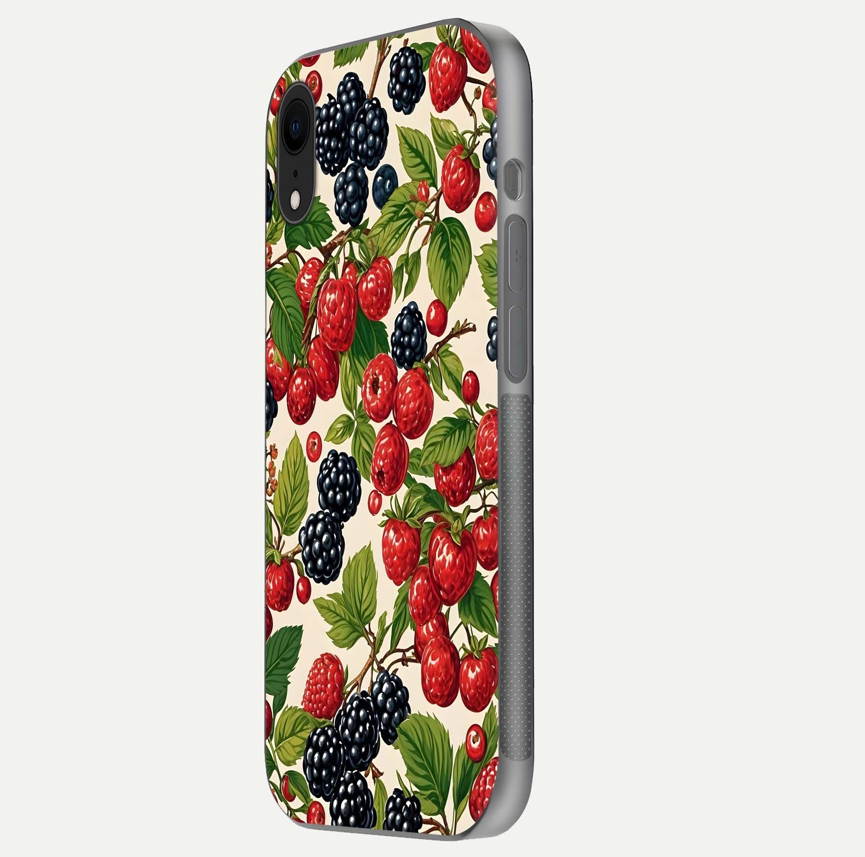 Mixed Berry Collage Glass Case for iPhone Xr side-angle image showing reflection and HD fruit texture