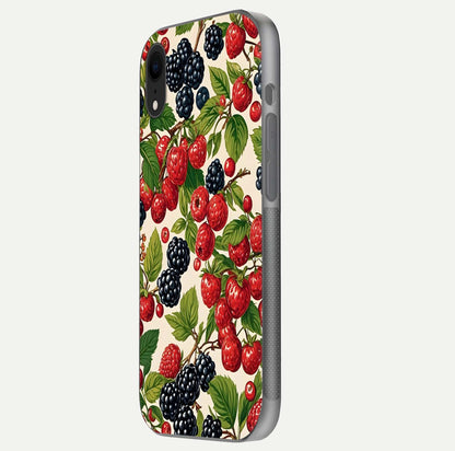 Mixed Berry Collage Glass Case for iPhone Xr side-angle image showing reflection and HD fruit texture