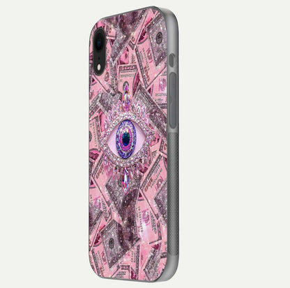 Money Eye Luxe Glass Case for iPhone Xr side-angle image showing HD reflection and luxury print clarity