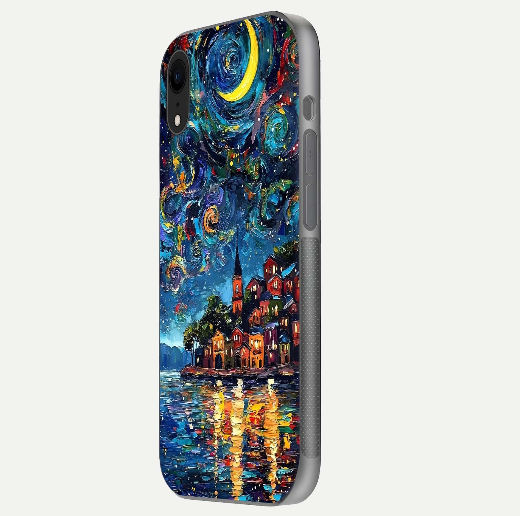 Moonlight Harbor Glow Glass Case for iPhone Xr side-angle image showing reflective surface and ocean tones