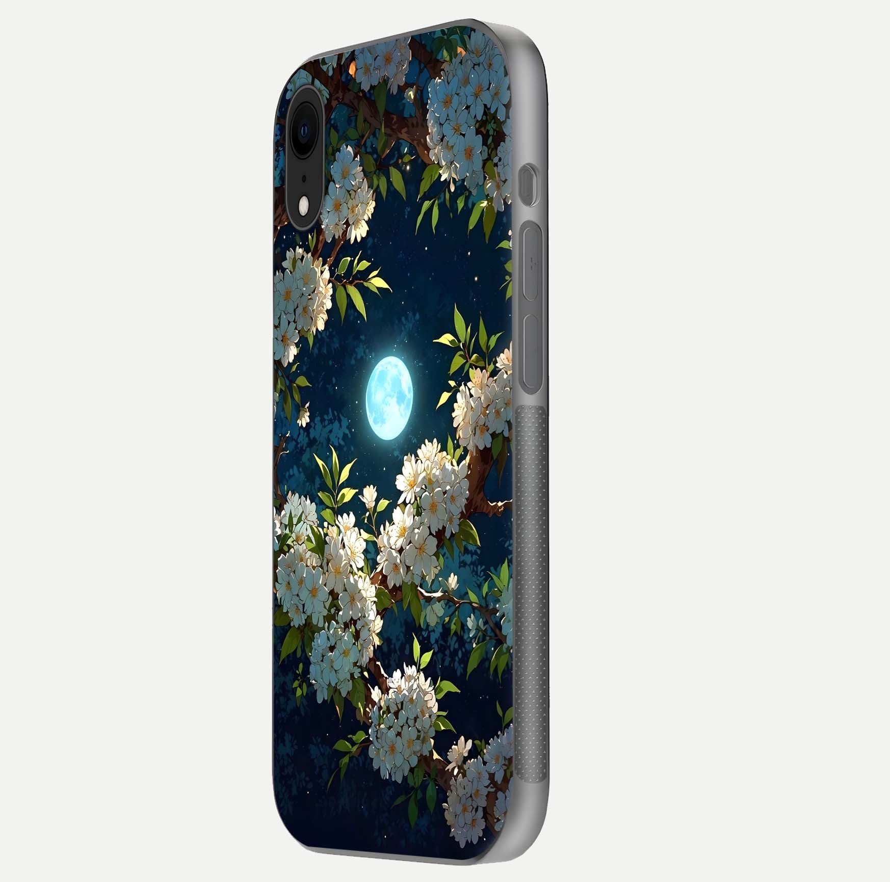 Moonlit Blossom Dream Glass Case for iPhone Xr side-angle image showing shine depth and flower glow