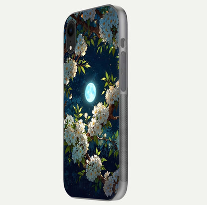 Moonlit Blossom Dream Glass Case for iPhone Xr side-angle image showing shine depth and flower glow