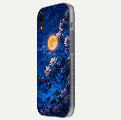 Moonlit Blossoms Night Glass Case for iPhone Xr side-angle image revealing shine and night bloom texture