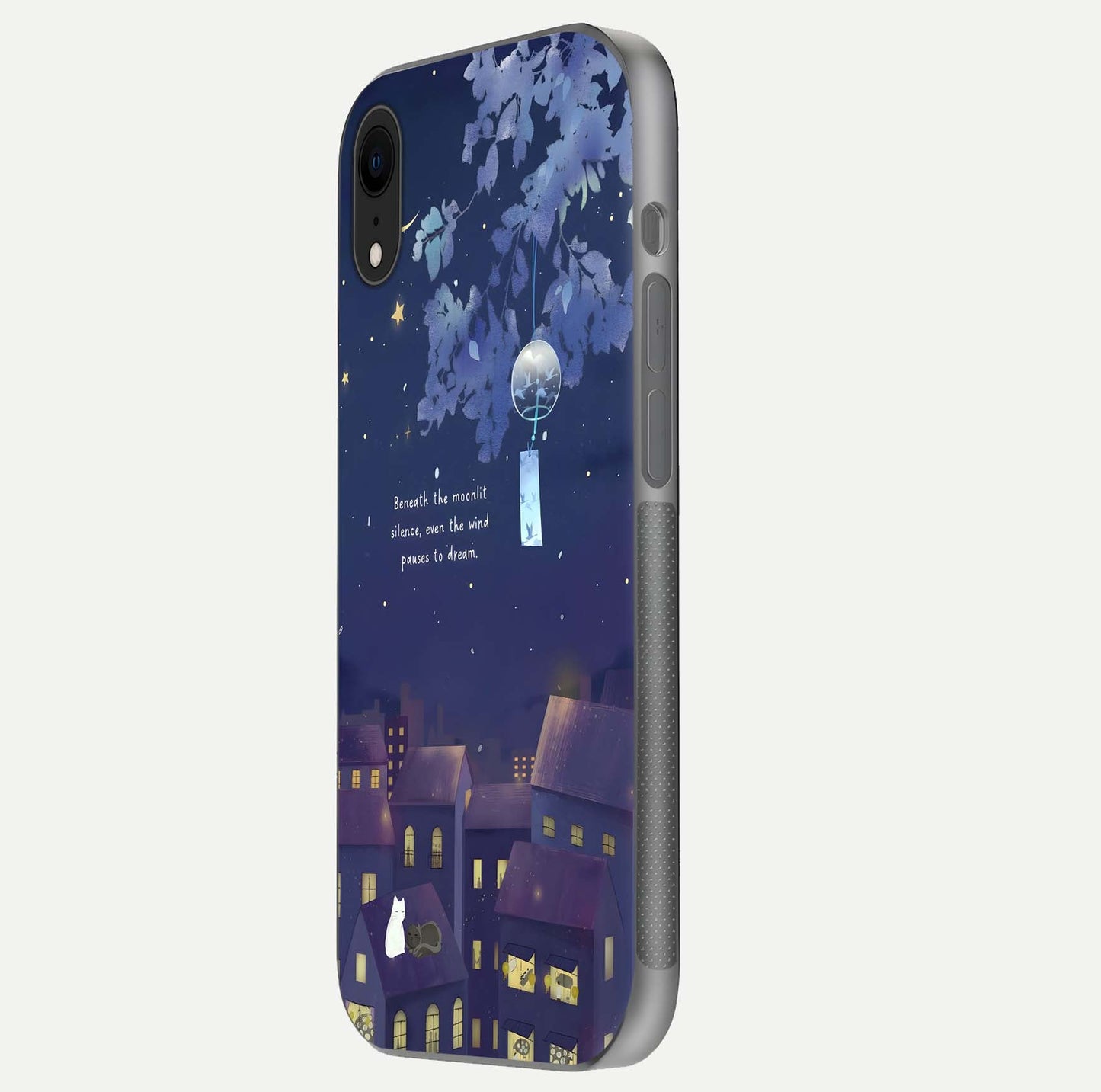 Moonlit Cat Silence Glass Case for iPhone Xr side-angle image showing HD gloss and feline artwork detail