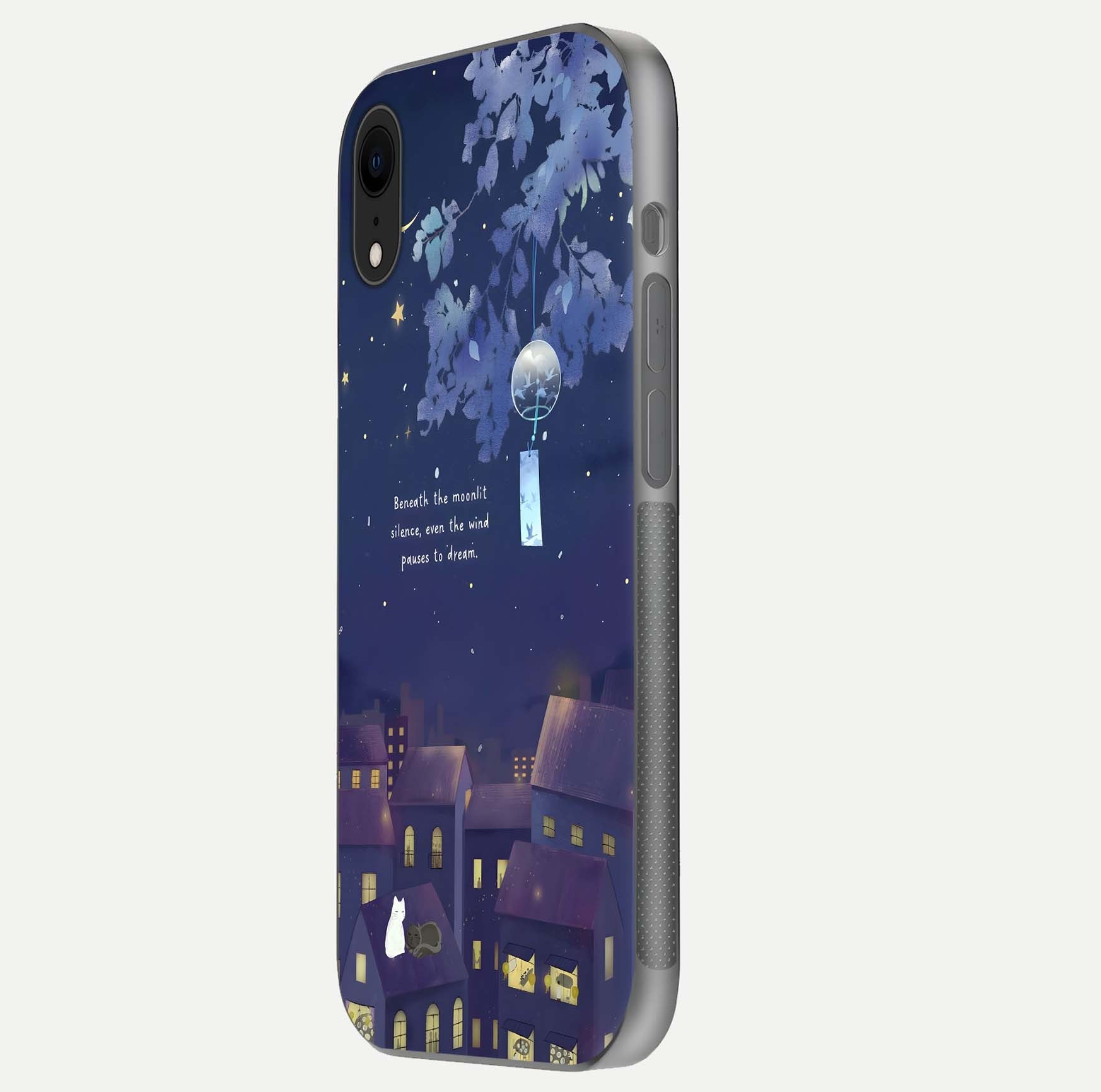 Moonlit Cat Silence Glass Case for iPhone Xr side-angle image showing HD gloss and feline artwork detail