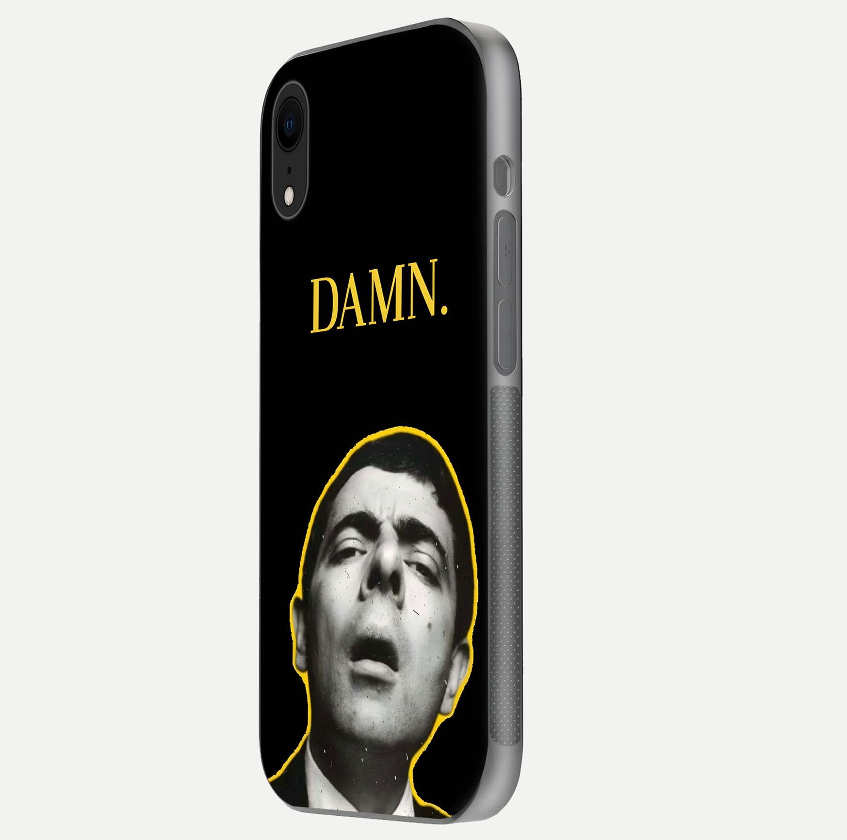 Mr Bean Damn Glass Case for iPhone Xr side-angle image emphasizing HD print clarity and playful theme