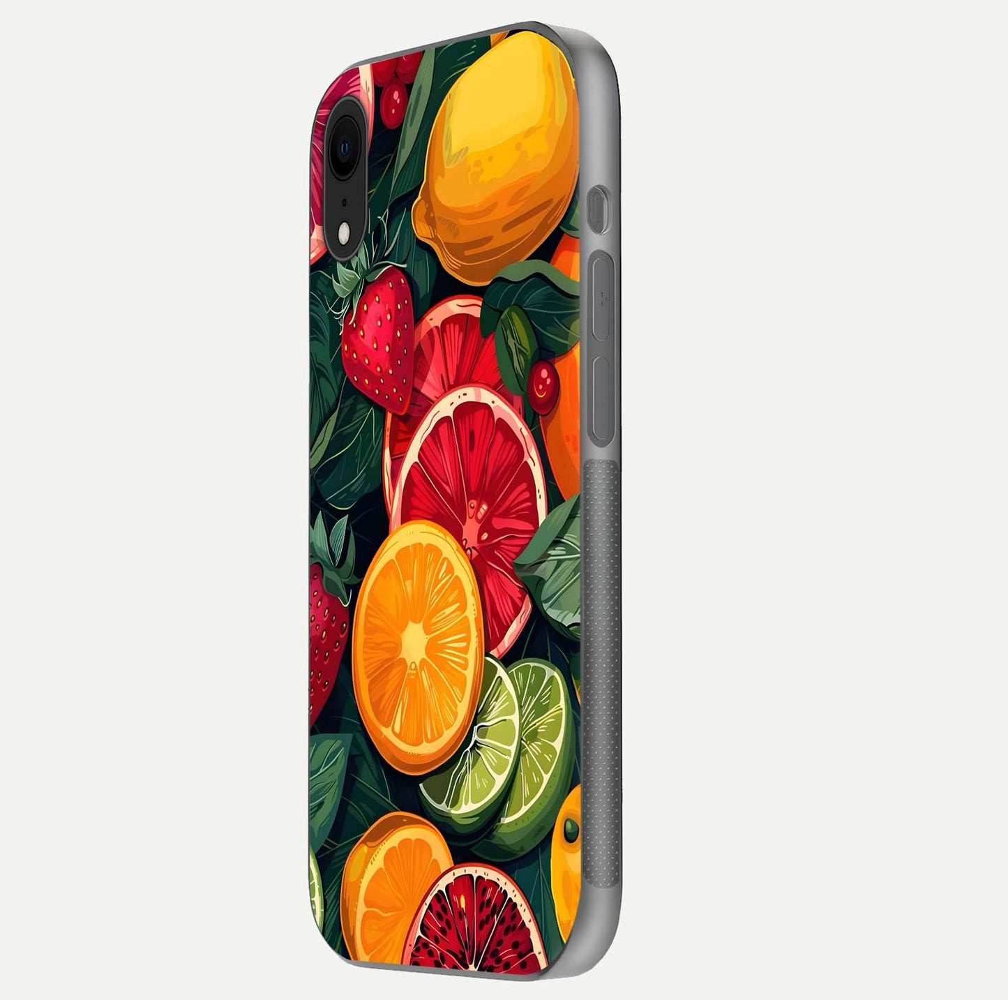 Multiple Fruits Glass Case for iPhone Xr side-angle image showing glossy surface and vivid fruit pattern