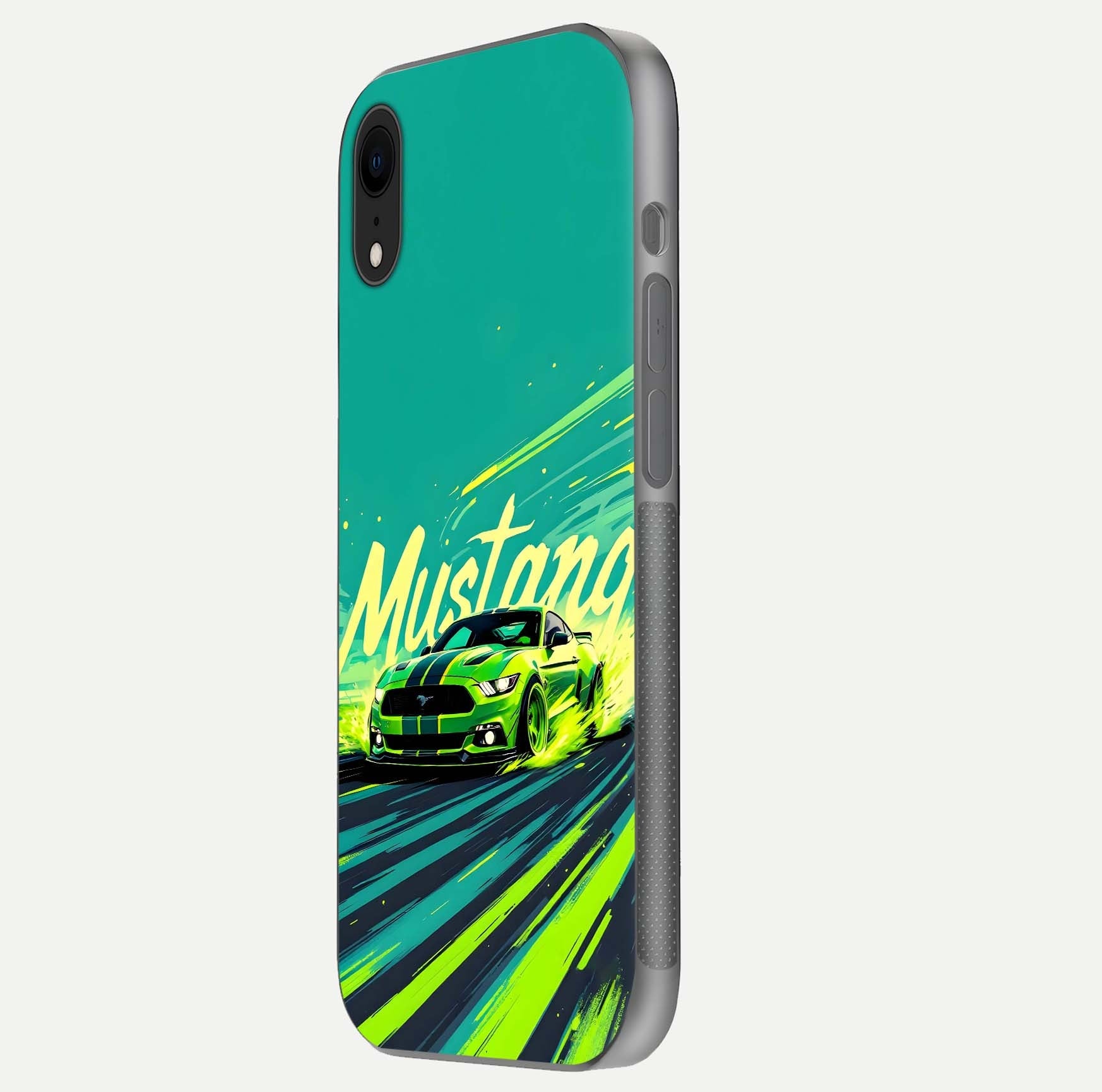 Mustang Bang Glass Case for iPhone Xr side-angle image showing reflection clarity and bold car artwork