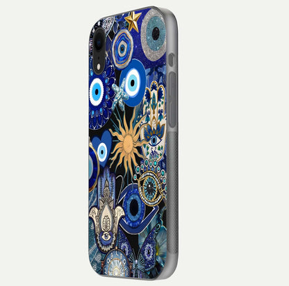 Mystic Blue Evil Eye Glass Case for iPhone Xr side-angle image showing smooth gloss and charm design