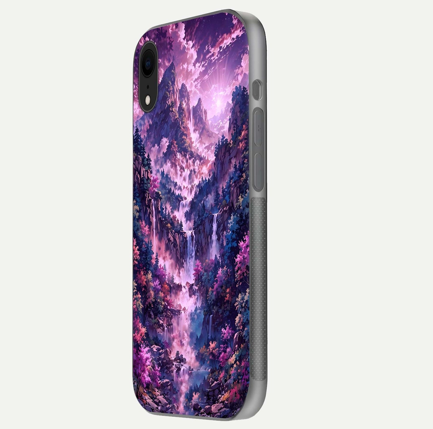 Mystic Cascade Peaks Glass Case for iPhone Xr side-angle image showing reflection and scenic art clarity