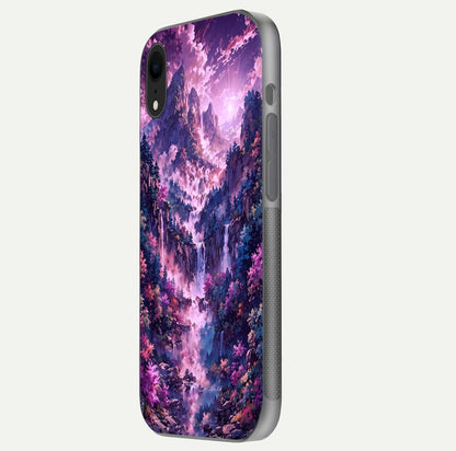 Mystic Cascade Peaks Glass Case for iPhone Xr side-angle image showing reflection and scenic art clarity