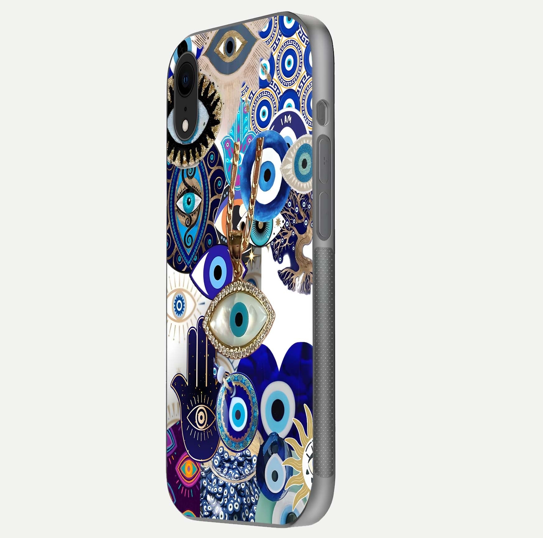 Mystic Charm Eye Glass Case for iPhone Xr side-angle image showing HD reflection and sacred tone