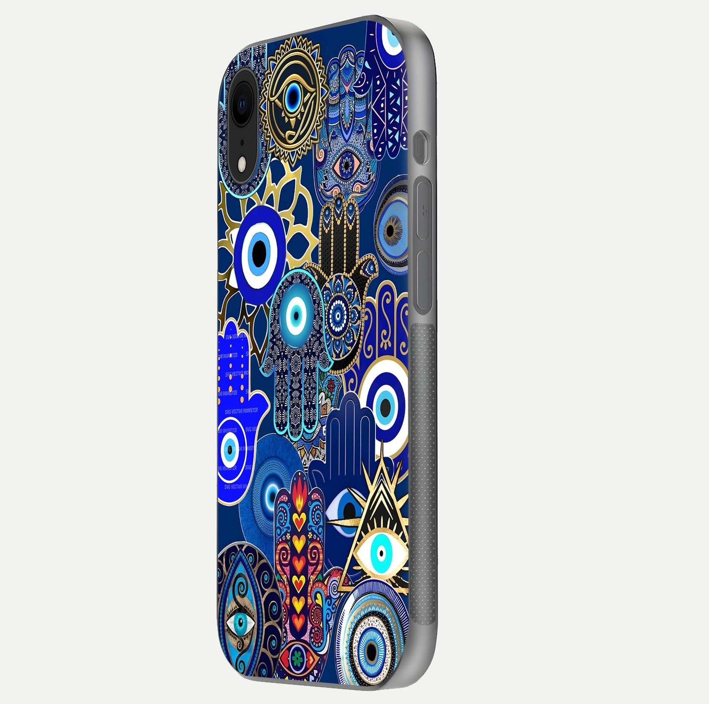 Mystic Palm Guard Glass Case for iPhone Xr side-angle image showing shine depth and sacred motif
