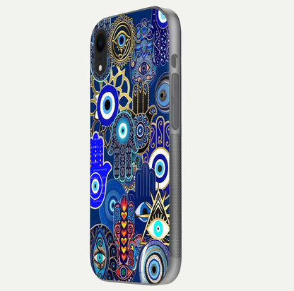 Mystic Palm Guard Glass Case for iPhone Xr side-angle image showing shine depth and sacred motif