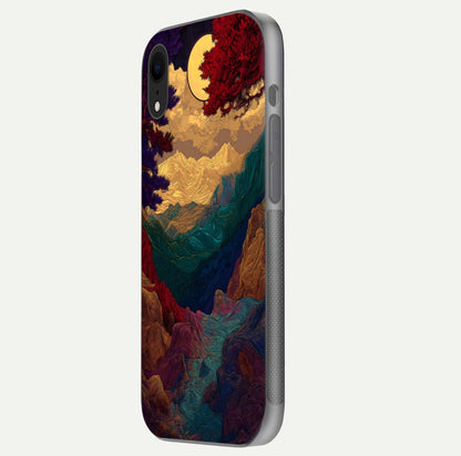 Mystic Valley Light Glass Case for iPhone Xr side-angle image showing shine and peaceful hues