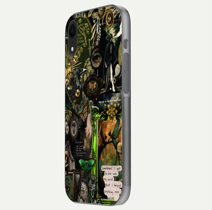 Mystic Woods Secret Glass Case for iPhone Xr side-angle image showing gloss reflection and forest pattern
