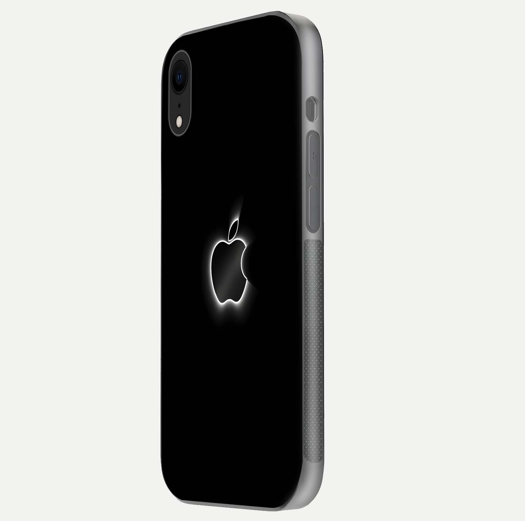 Neon Apple Glow Glass Case for iPhone Xr side-angle image showing light reflection and glow effect