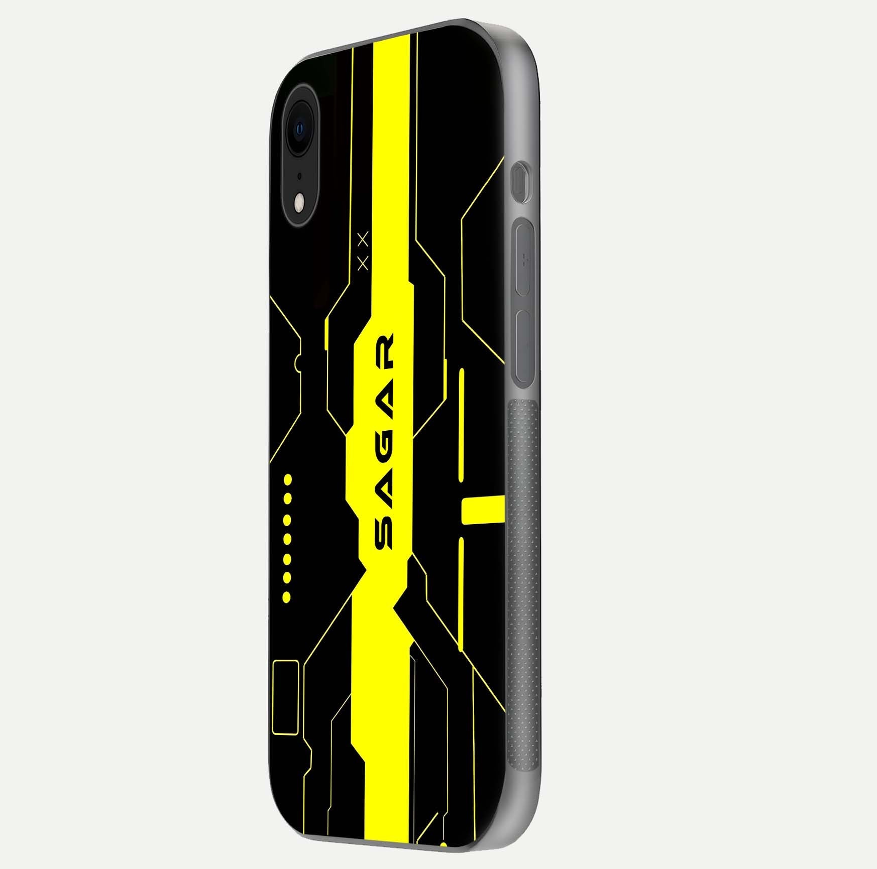 Neon CYBERPUNK Custom Name Glass Case for iPhone Xr side-angle image showing glow depth and bold print