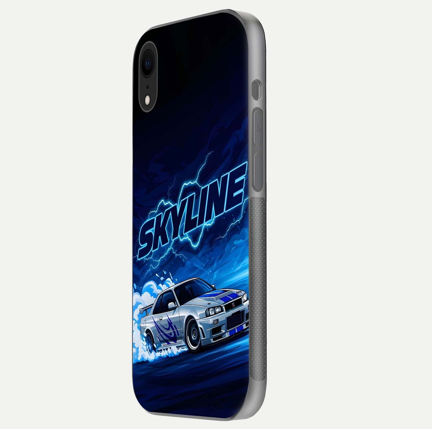 Neon Drift Beast Glass Case for iPhone Xr side-angle image showing reflection depth and bold neon tones