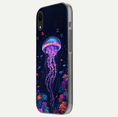 Neon Jellyfish Glass Case for iPhone Xr side-angle image showing reflection and oceanic light detailing