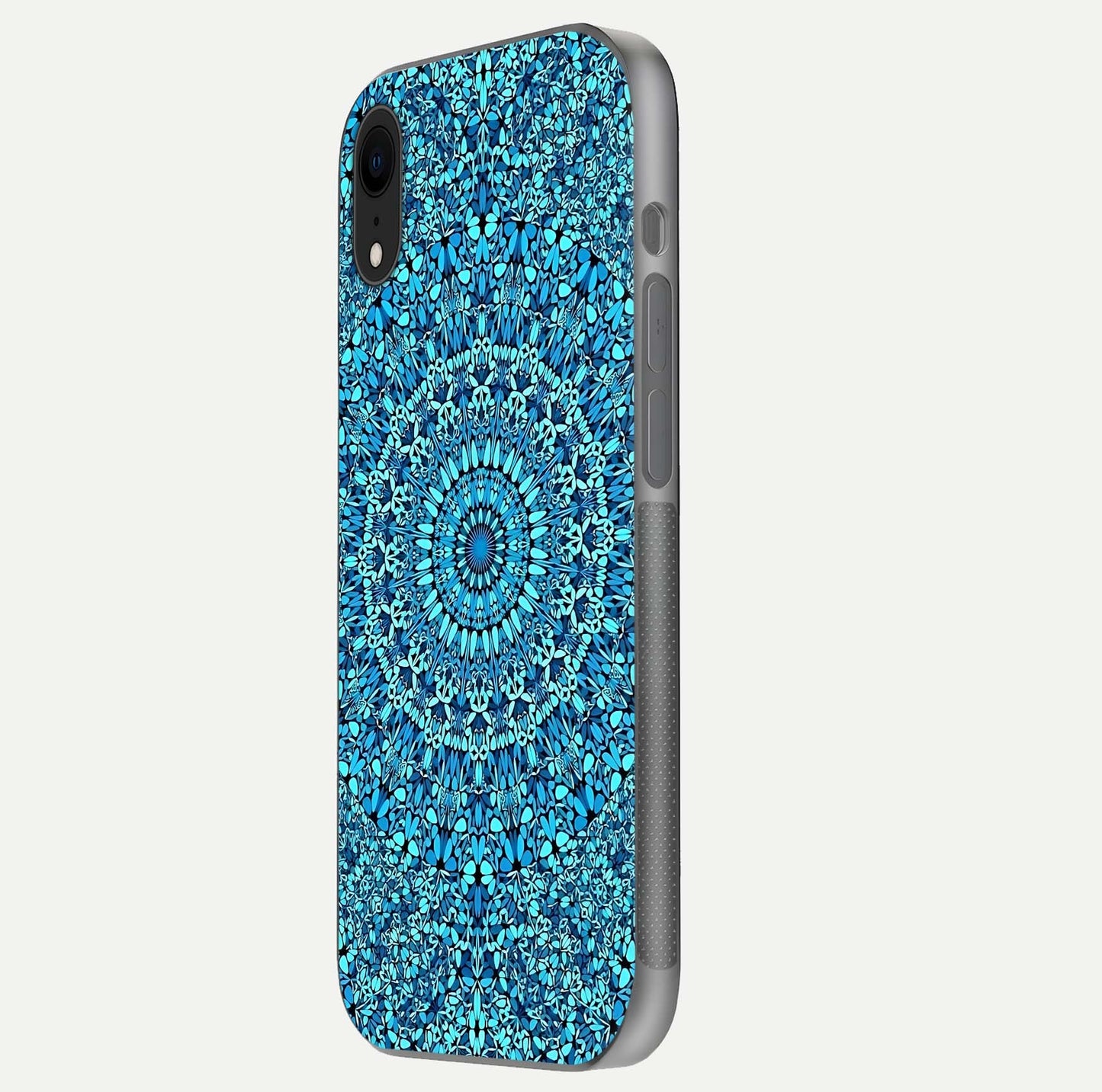 Ocean Bloom Mandala Glass Case for iPhone Xr side-angle image showing reflection and detailed floral pattern
