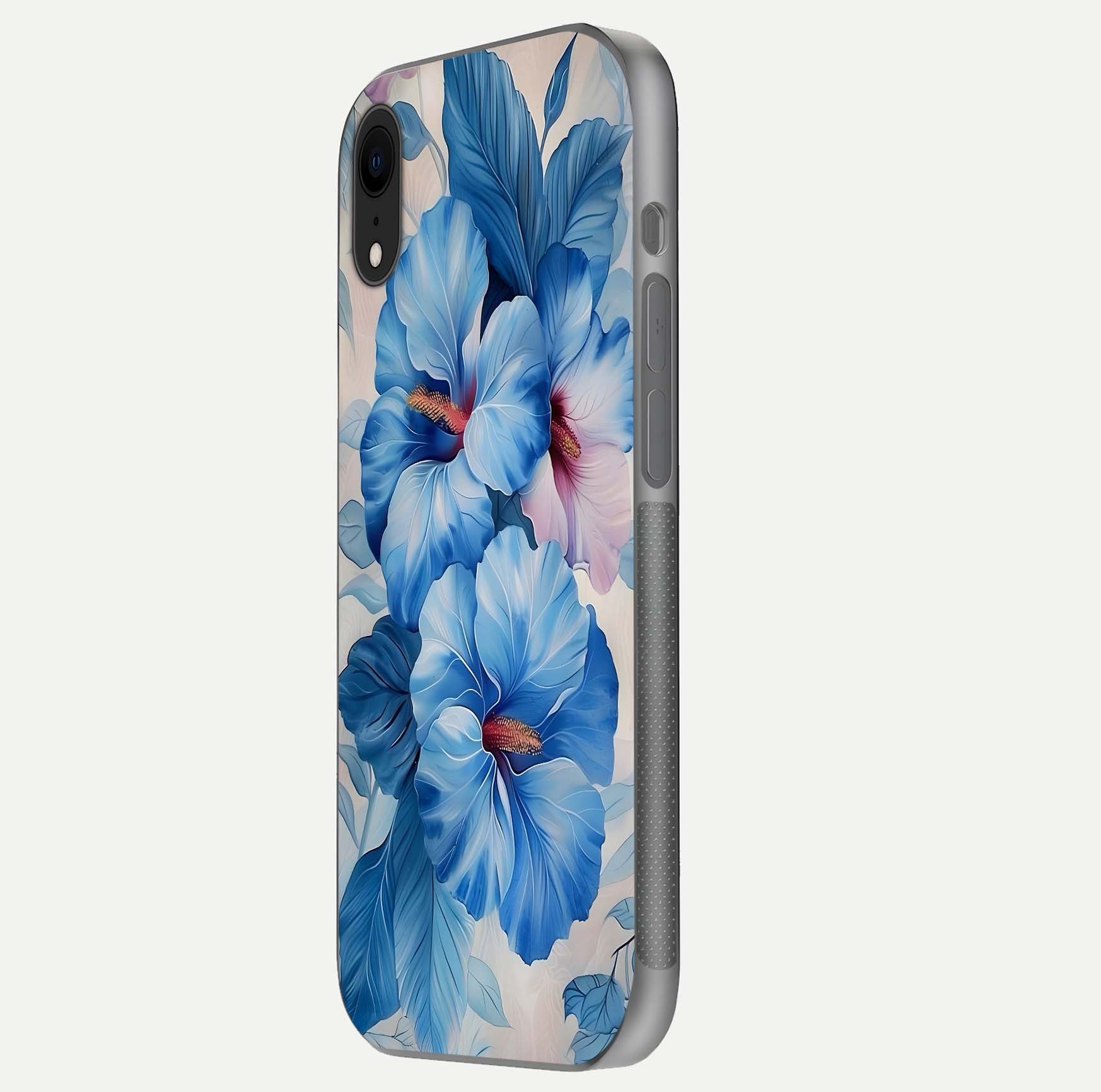 Ocean Hibiscus Grace Glass Case for iPhone Xr side-angle image showing smooth texture and hibiscus details