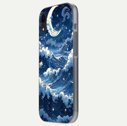 Ocean Moon Waves Glass Case for iPhone Xr side-angle image showing shine and ocean gradient tones
