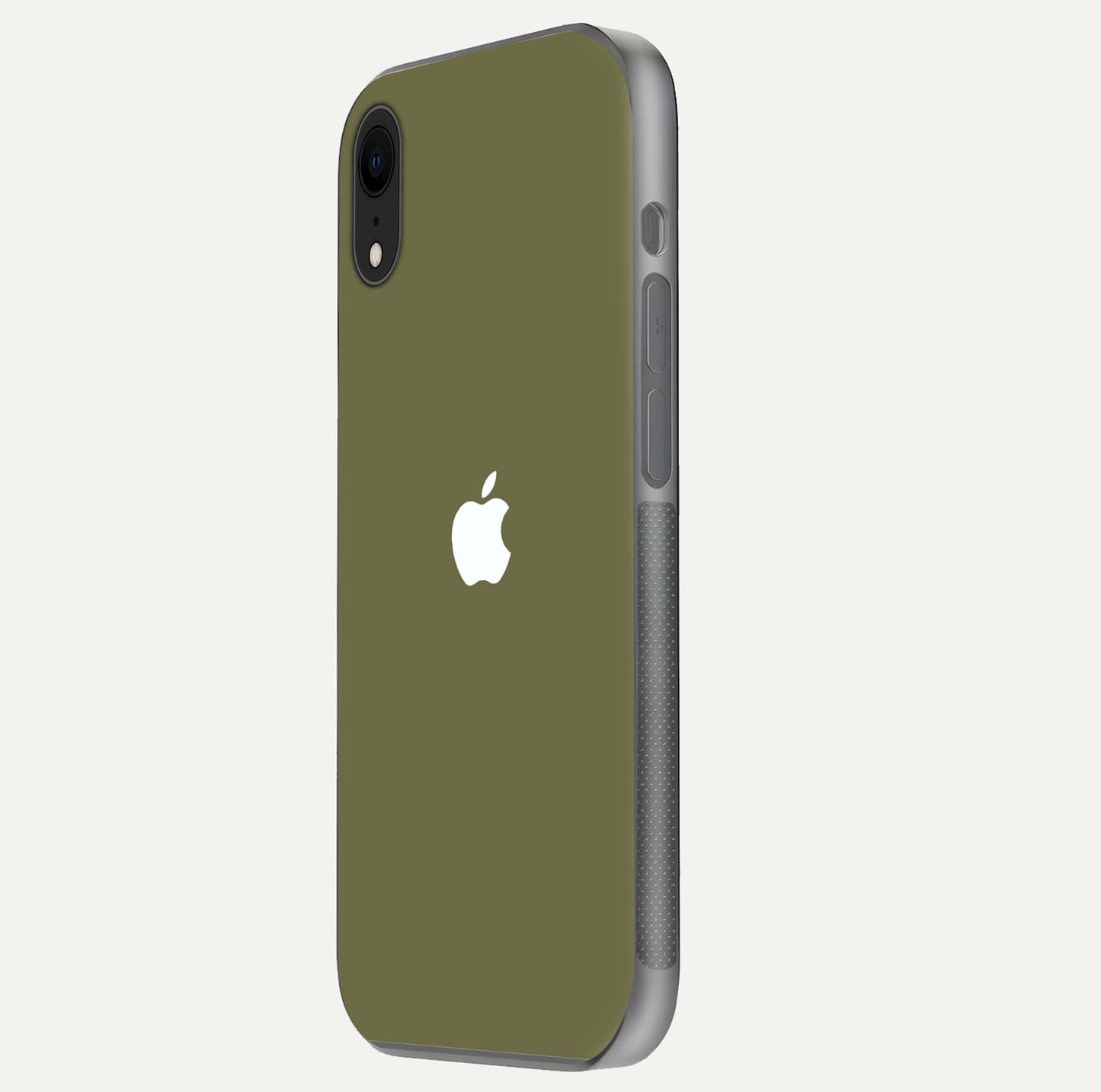 Olive Matte Essence Glass Case for iPhone Xr side-angle image showing soft hue and elegant smooth surface