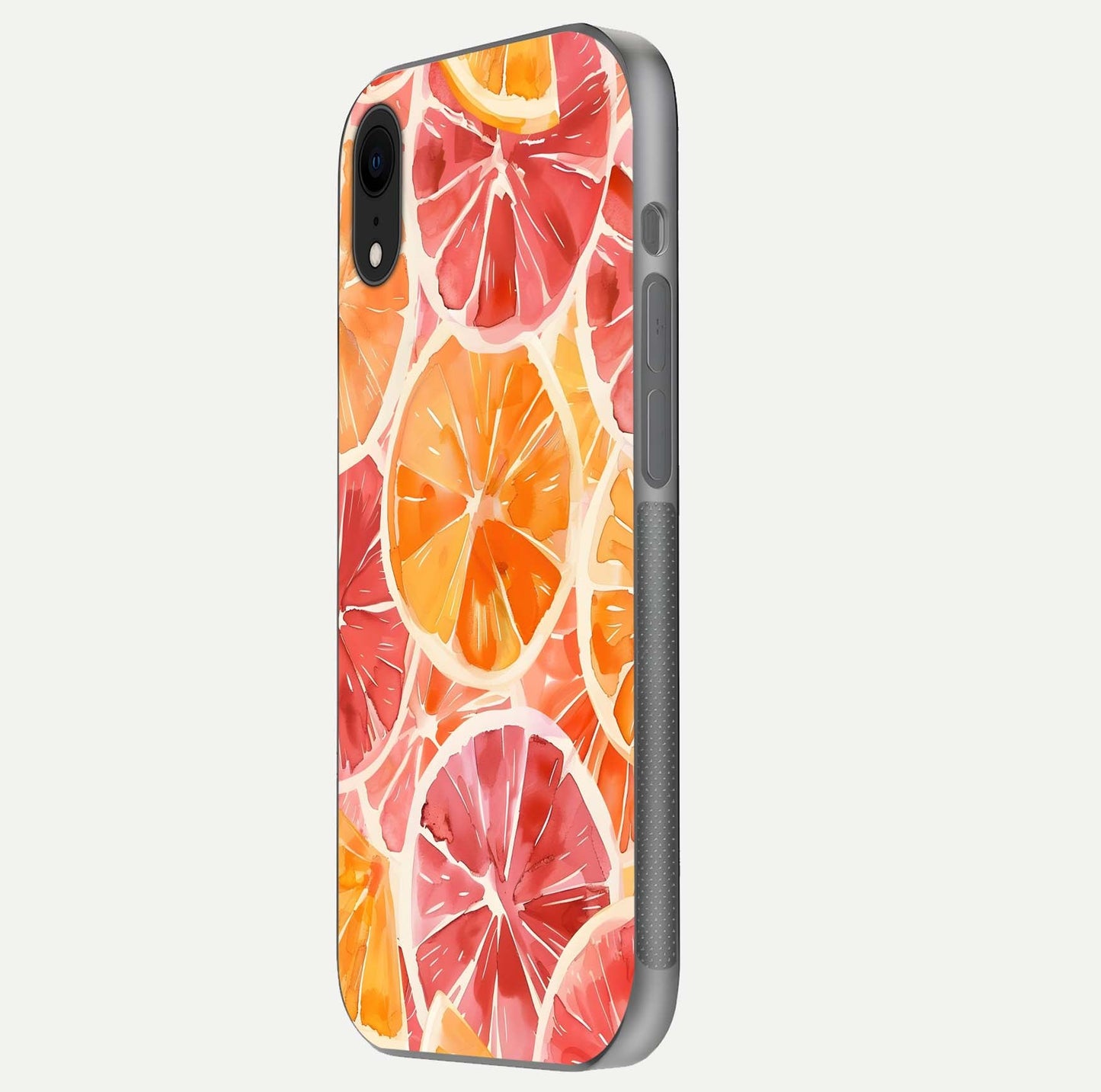 Orange Fruits Pattern Glass Case for iPhone Xr side-angle image showing glossy shine and citrus pattern