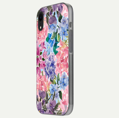 Pastel Floral Mix Glass Case for iPhone Xr side-angle image showing reflection and delicate pastel hues