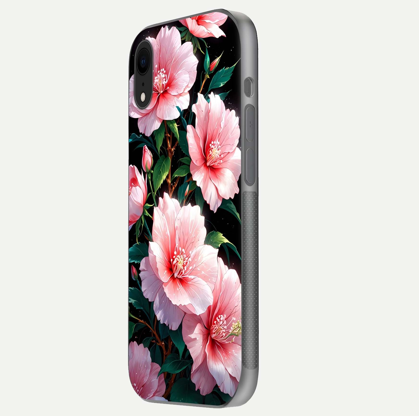 Peach Flower Glass Case for iPhone Xr side-angle image showing gloss depth and peach blossom detail