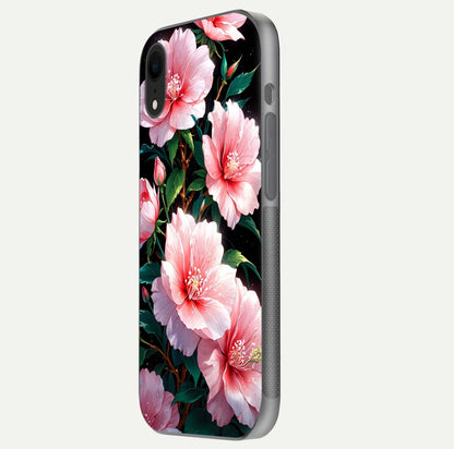 Peach Flower Glass Case for iPhone Xr side-angle image showing gloss depth and peach blossom detail