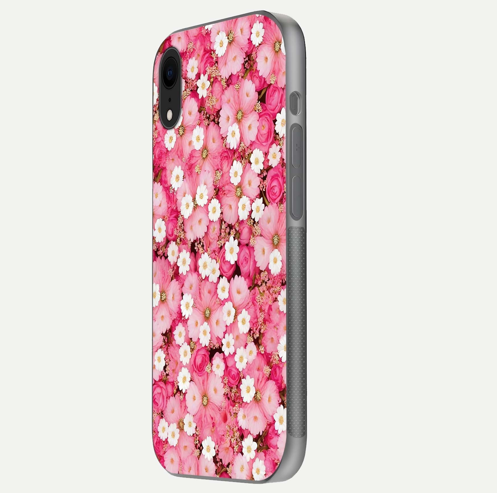 Pink Daisy Bliss Glass Case for iPhone Xr side-angle image showing delicate daisy pattern and glass reflection