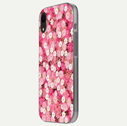 Pink Daisy Bliss Glass Case for iPhone Xr side-angle image showing delicate daisy pattern and glass reflection