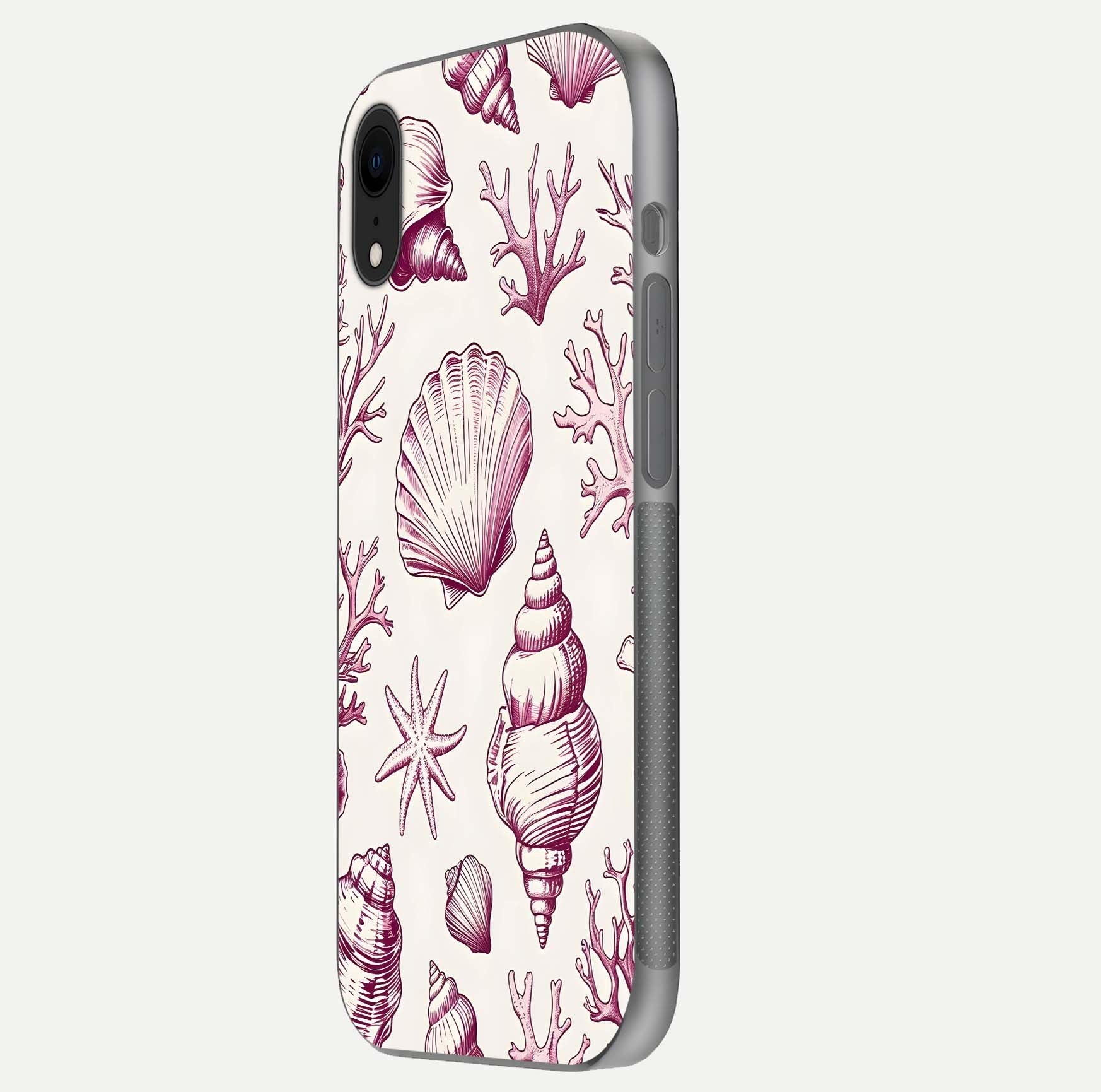 Pink Shells Outline Glass Case for iPhone Xr side-angle image showing shine and intricate outline texture