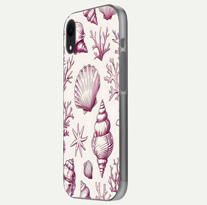 Pink Shells Outline Glass Case for iPhone Xr side-angle image showing shine and intricate outline texture