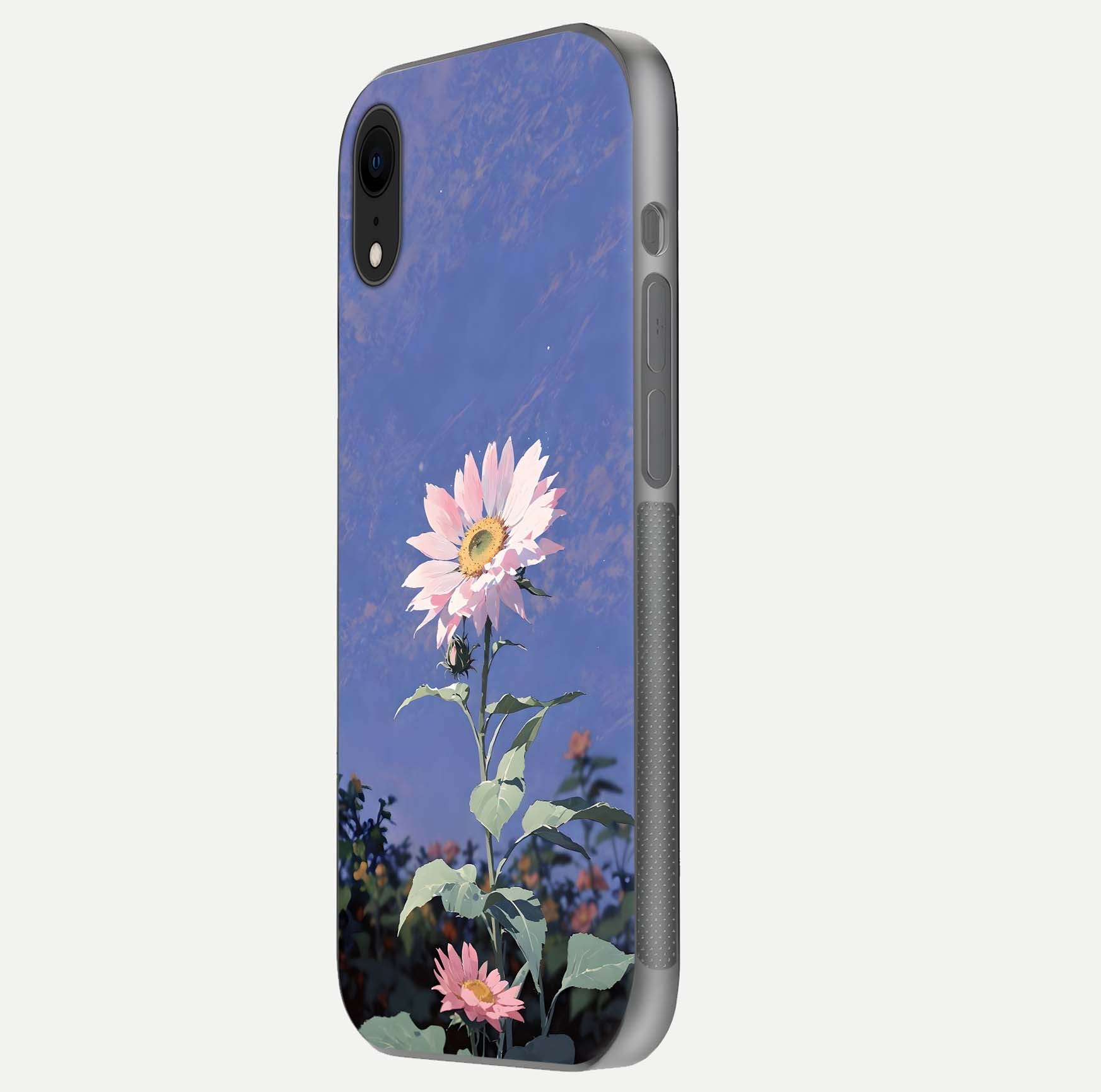 Pink Sunflower Glow Glass Case for iPhone Xr side-angle image showing glossy edges and vivid sunflower tones