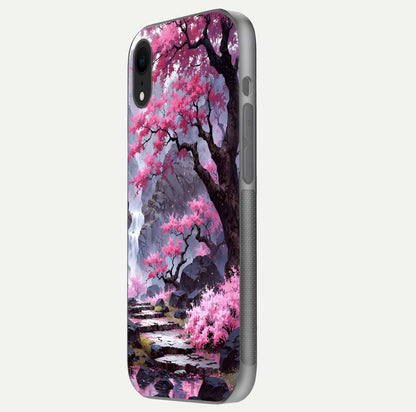 Pinkish Scenery Glass Case for iPhone Xr side-angle image showing depth, gloss, and scenic details