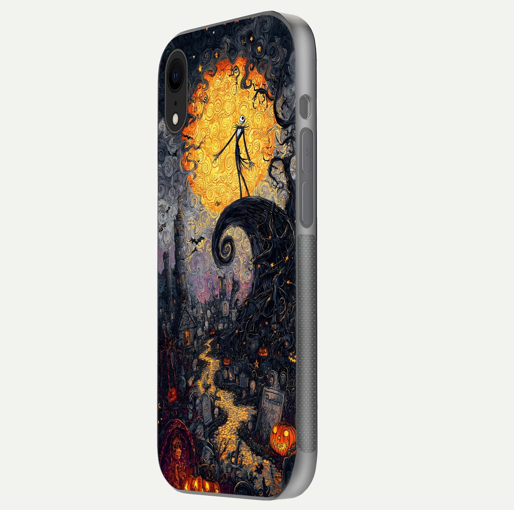 Pumpkin Moon Night Glass Case for iPhone Xr side-angle image showing reflection depth and pumpkin pattern
