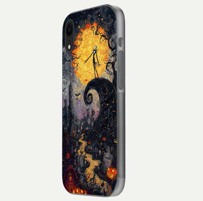 Pumpkin Moon Night Glass Case for iPhone Xr side-angle image showing reflection depth and pumpkin pattern