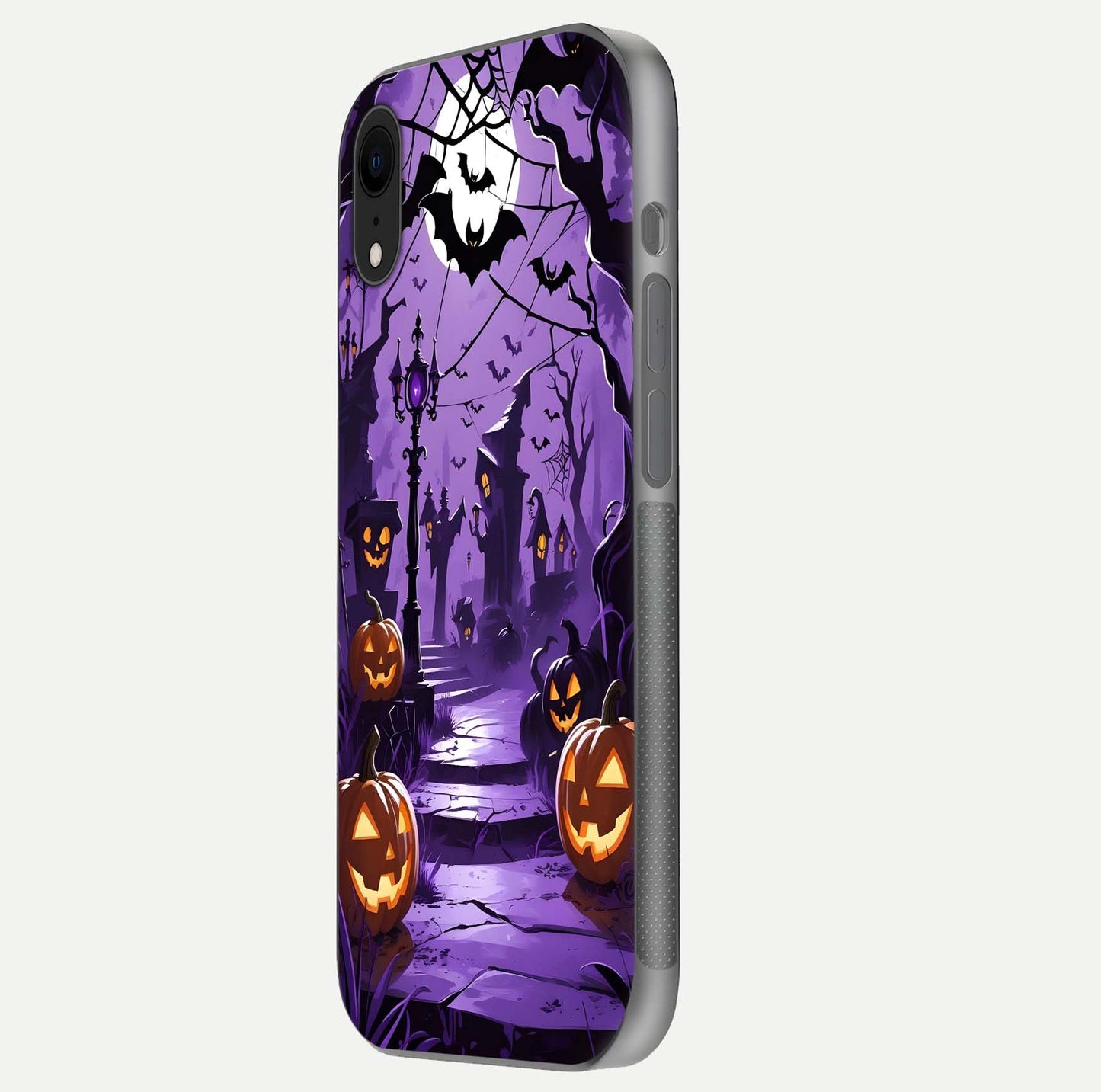 Pumpkin Patch Halloween Glass Case for iPhone Xr side-angle image showing shine, camera cutout, and spooky art