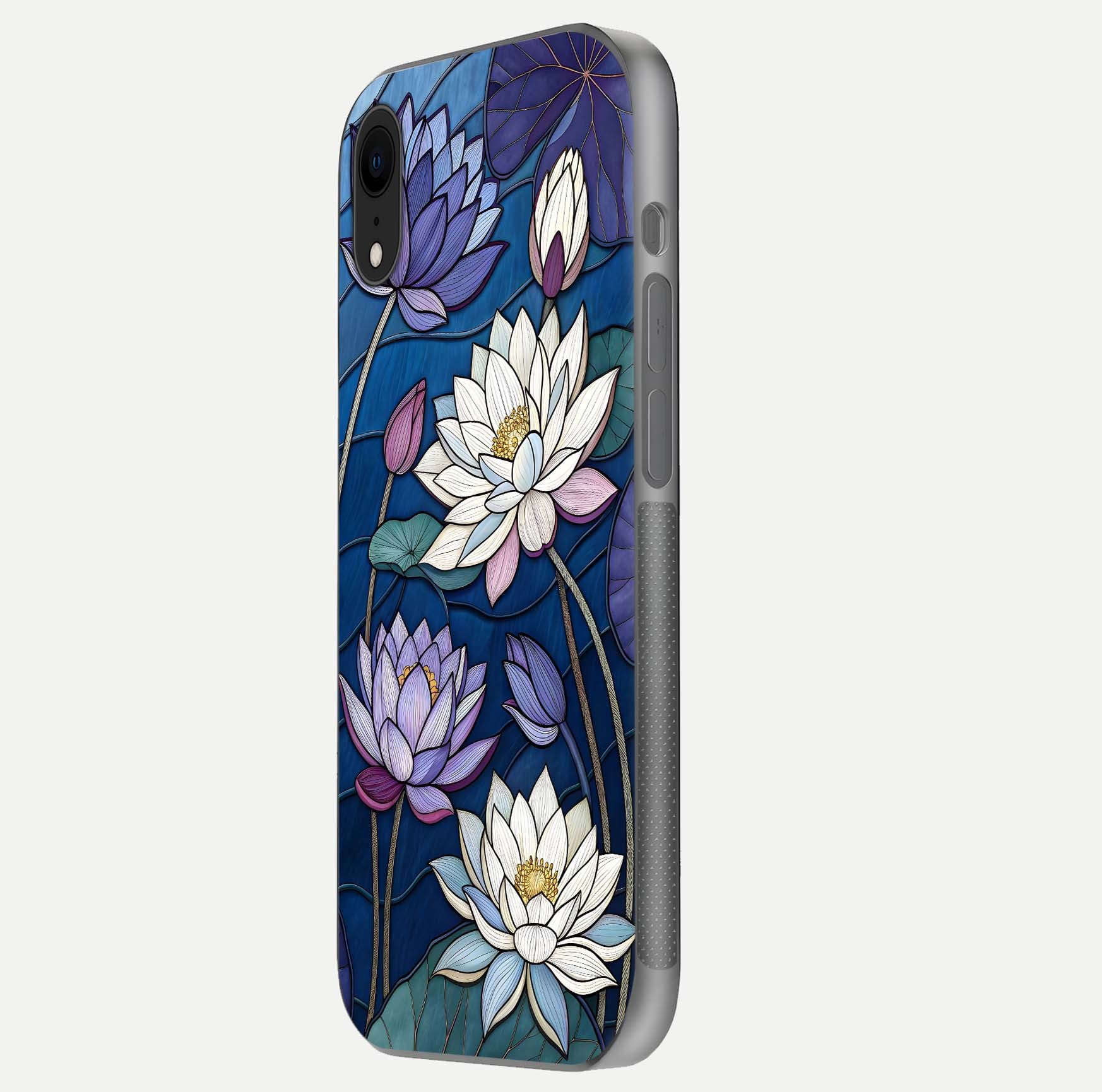 Purple Lotus Stained Glass Case for iPhone Xr side-angle image showing gloss, reflection, and intricate detailing