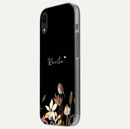 Quiet Garden Tune Custom Name Glass Case for iPhone Xr side-angle image showing reflection and floral design