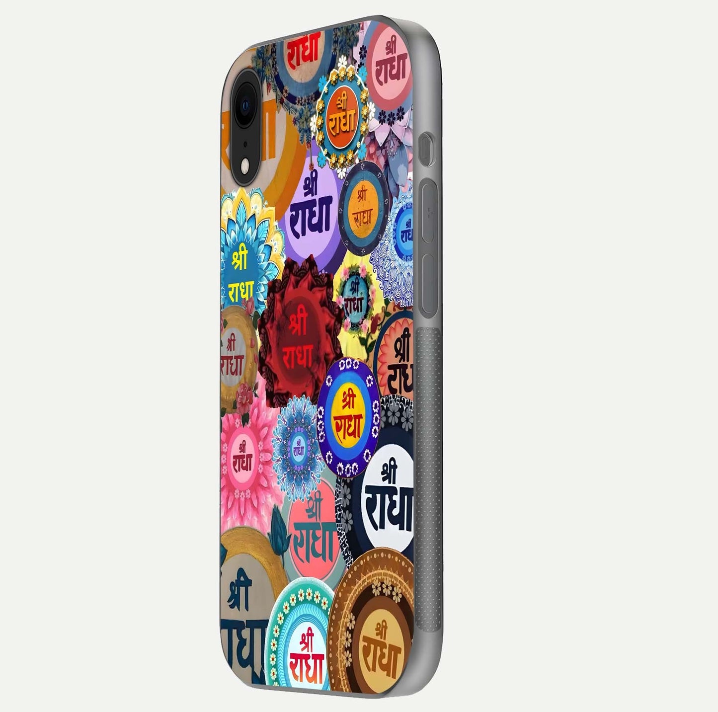 Radha Divine Bloom Glass Case for iPhone Xr side-angle image showing shine, reflection, and floral motif
